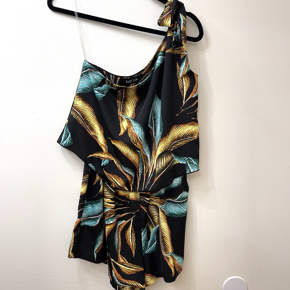 Women's One Shoulder Romper From Fab'rik Size Large Black‎ Teal Yellow